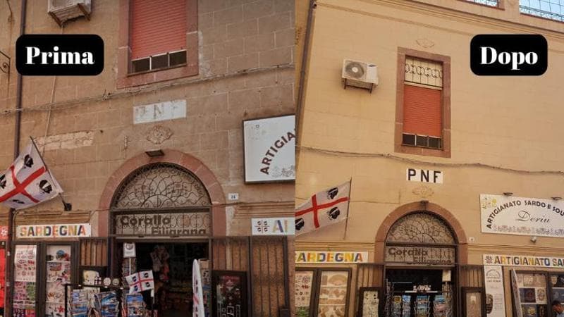 Bosa, la ristrutturazione della scritta fascista ormai sbiadita sul palazzo un tempo sede del Pnf
