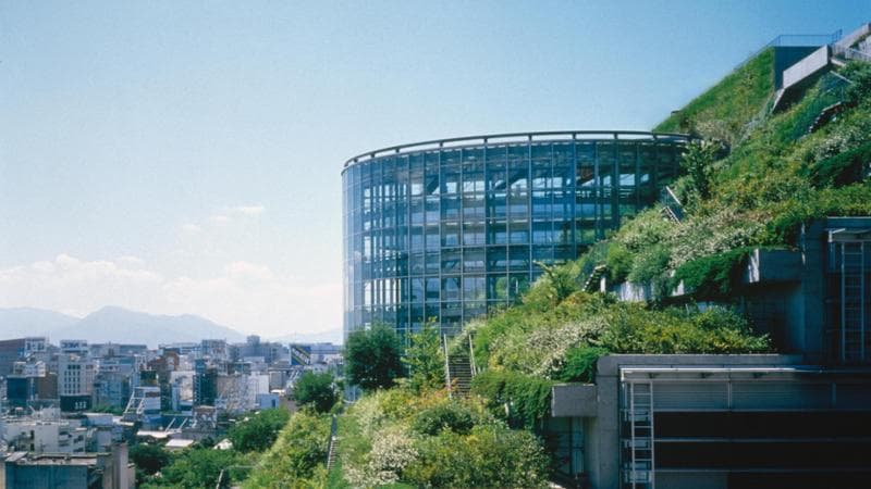 
Il centro Acros di Fukuoka in Giappone, progettato da Emilio Ambasz nel 1995. I suoi giardini terrazzati ne hanno fatto il simbolo ecologico dell&rsquo;architettura
