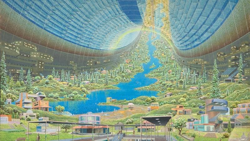 Acrilico di Don Davis. Stanford torus interior view del 1975. Commissioned by NASA for Richard D. Johnson and Charles Holbrow

