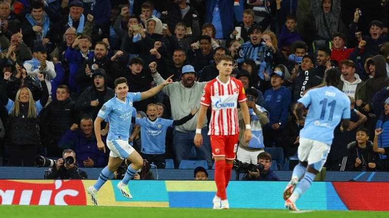 Manchester City-Stella Rossa: l'esultanza di Alvaraz
