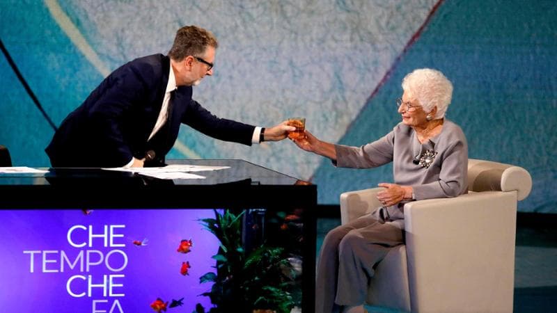 Fabio Fazio con Liliana Segre a Che tempo su Nove
