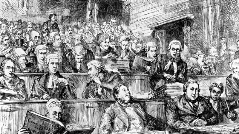 Il&nbsp;processo Tichborne, Crown Vs Castro in un disegno d'epoca
