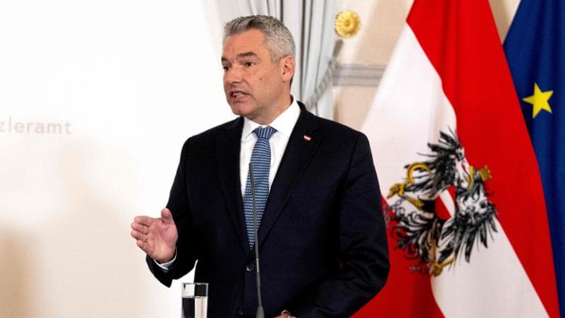 Austrian Chancellor Karl Nehammer speaks during a joint press conference with Czech Prime Minister in Vienna, Austria, on December 4, 2023, during Fiala's one-day official visit. (Photo by Joe Klamar / AFP)