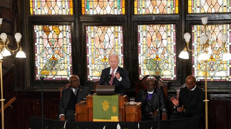 U.S. President Joe Biden delivers a speech during a campaign event at the Mother Emanuel AME Church, the site of the 2015 mass shooting, in Charleston, South Carolina, U.S., January 8, 2024. REUTERS/Kevin Lamarque


