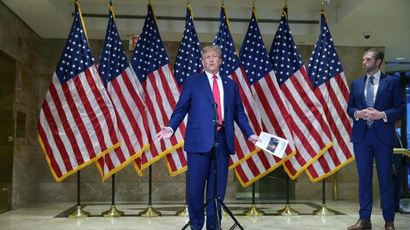 NEW YORK, NEW YORK - JANUARY 11: Former U.S. President Donald Trump speaks to the media at one of his properties, 40 Wall Street, following closing arguments at his civil fraud trial on January 11, 2024 in New York City. The former president, who is currently the front runner for the Republican nomination, attended the closing arguments for the trial which will now go to the judge for the penalty phase in which New York Attorney General Letitia James is seeking $370 million in damages and to prohibit Trump from doing business in the state.   Spencer Platt/Getty Images/AFP (Photo by SPENCER PLATT / GETTY IMAGES NORTH AMERICA / Getty Images via AFP)