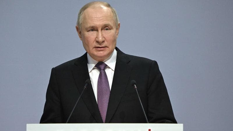 In this pool photograph distributed by Russian state agency Sputnik, Russia's President Vladimir Putin delivers a speech during the Everything for the Victory forum in Tula on February 2, 2024. (Photo by Sergei GUNEYEV / POOL / AFP)