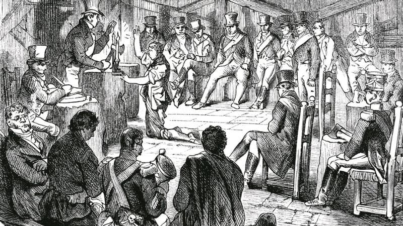 Riunione di carbonari, incisione su legno su disegno di Ludwig Burger, XIX secolo