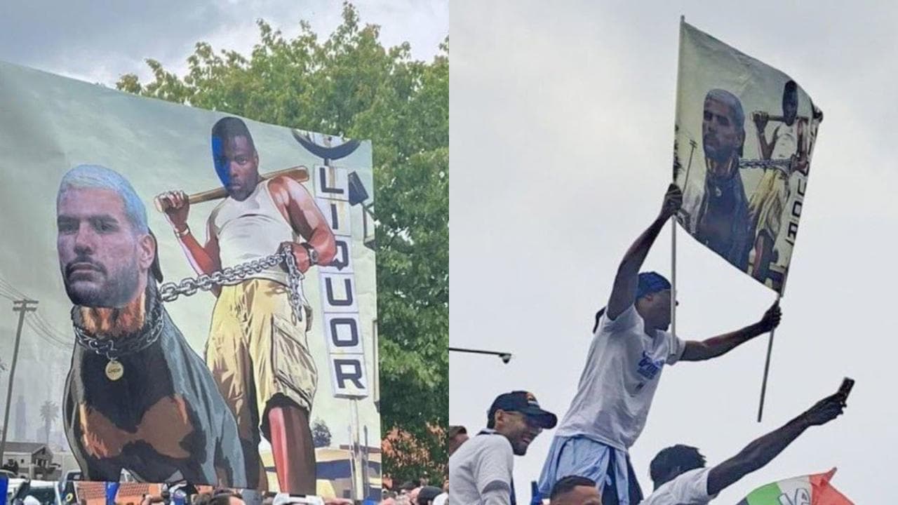 Festa scudetto dell'Inter, Dumfries sventola uno striscione col milanista Hernandez al guinzaglio