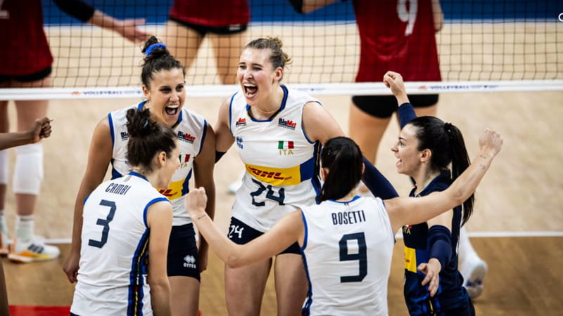 La gioia delle azzurre contro la Germania (foto volleyballworld)