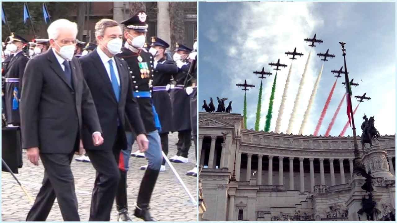 Quirinale, Mattarella con Draghi all'Altare della Patria: occhi al cielo per le Frecce tricolori