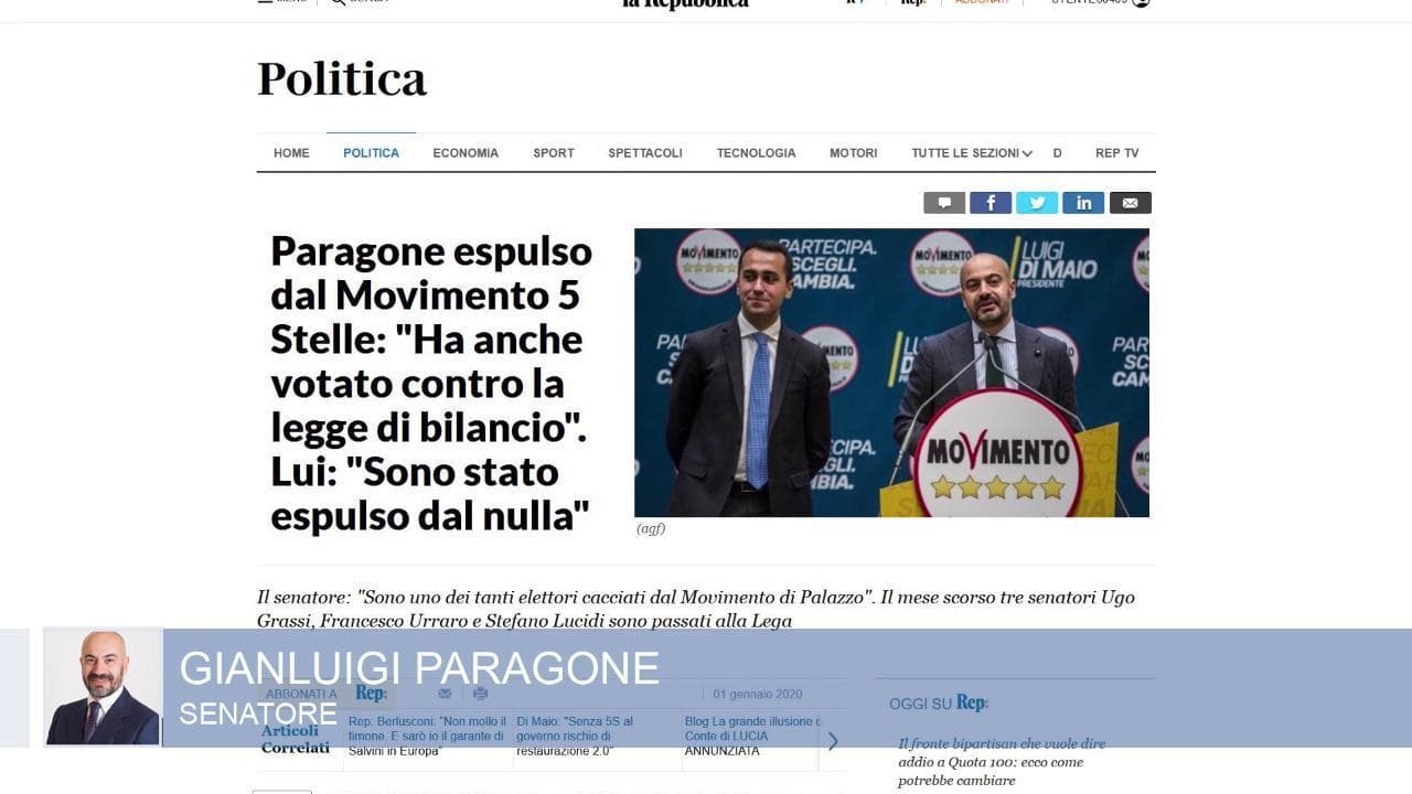 Paragone sull'espulsione dal M5s: "Cacciato dai burocrati che stanno rovinando il movimento"