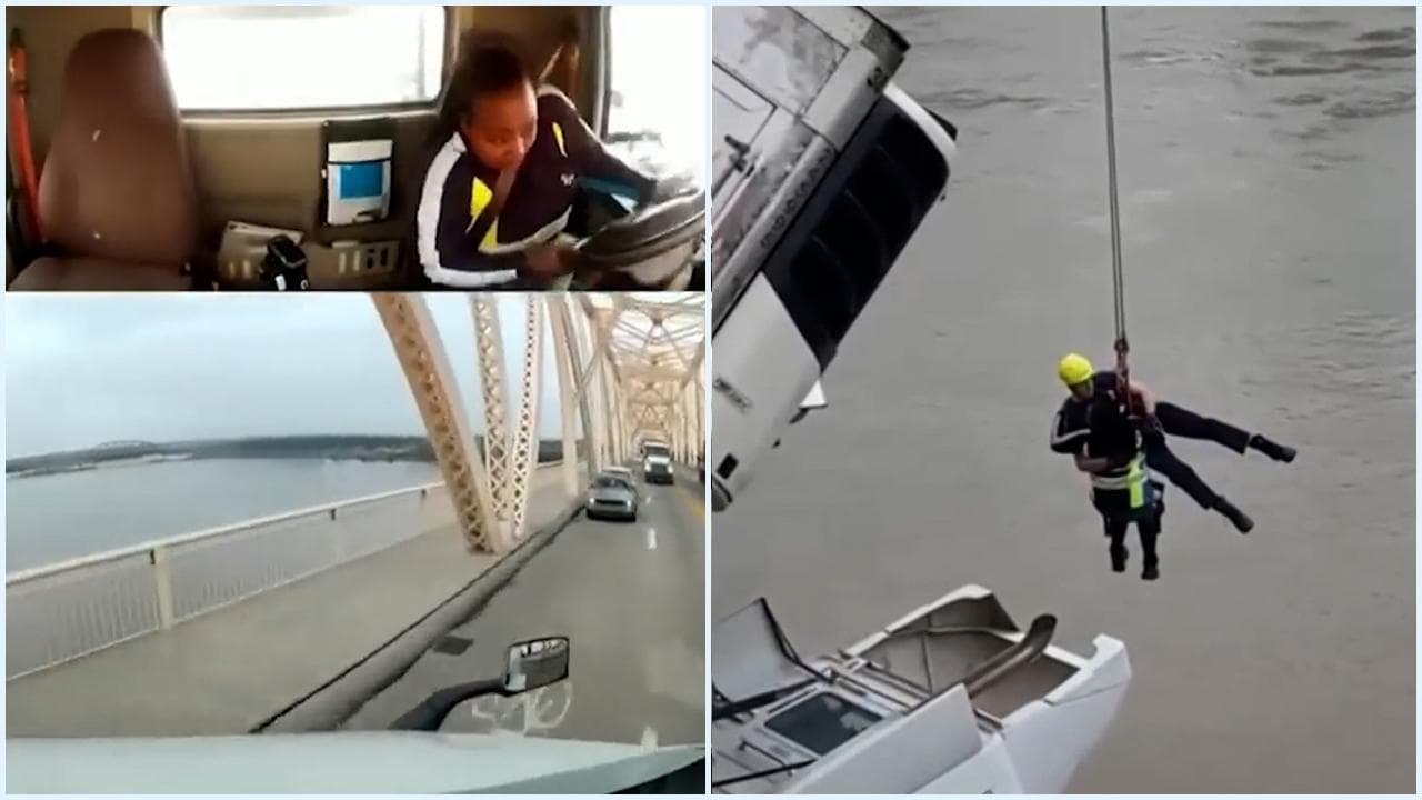 Il camion sbanda e rimane sospeso tra il fiume e il ponte: le terribili immagini da dentro l'abitacolo