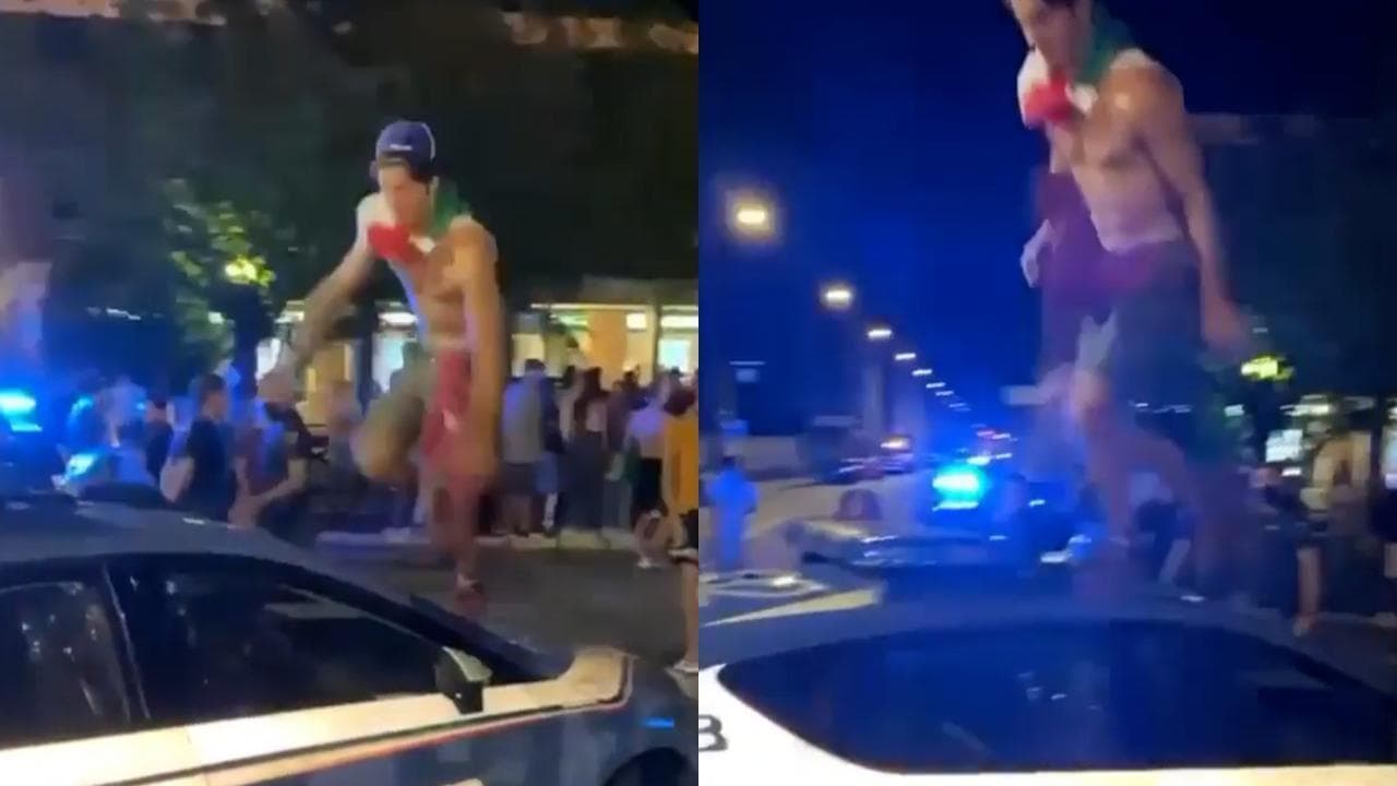 Euro2020, follia a Biella: durante i festeggiamenti tifoso sale sul tettuccio dell'auto della polizia