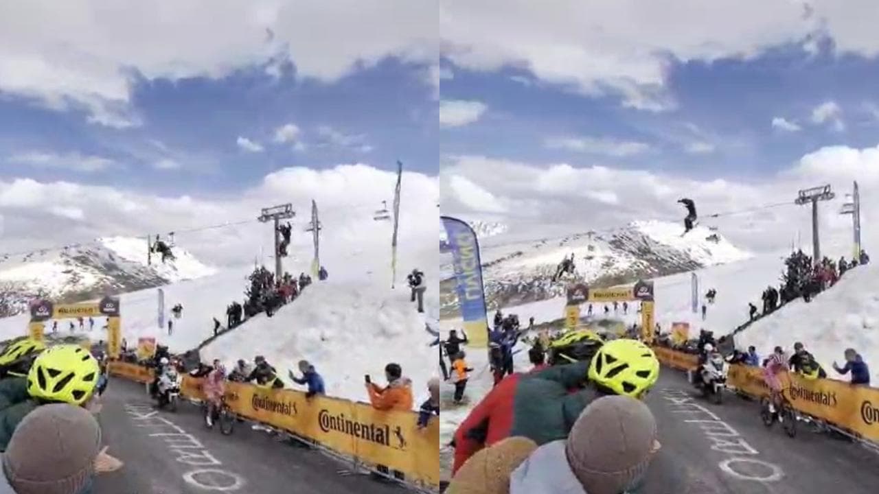 Giro d'Italia, il salto freestyle di Miro e Flora Tabanelli sulla testa di Tadej Pogacar