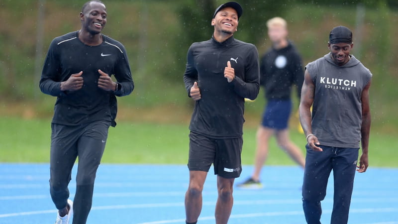 Jerome Blake, Andre De Grasse e Trayvon Bromell in allenamento a Rieti (foto Emiliano Grillotti RietiLife)