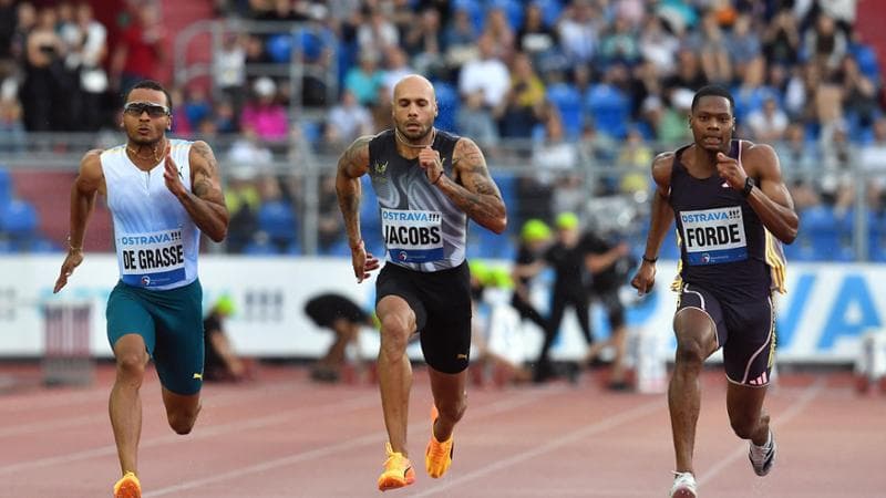 Marcell Jacobs tra  Andre De Grasse e Ryiem Forde a Ostrava
