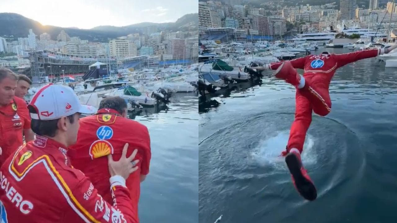 Leclerc spinge Vasseur in mare e poi si tuffa per festeggiare la vittoria della Ferrari a Montecarlo
