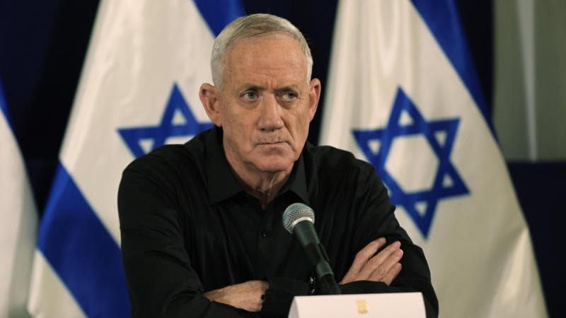 epa10945802 Israel's Cabinet Minister Benny Gantz looks on during a press conference in The Kirya military base in Tel Aviv, Israel, 28 October 2023.  EPA/ABIR SULTAN / POOL