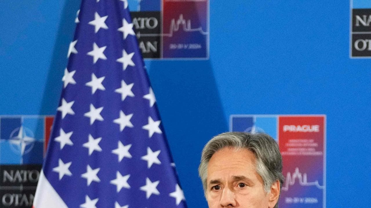 US Secretary of State Antony Blinken speaks during a media conference after a meeting of NATO foreign ministers at the Czernin Palace, in Prague, Czech Republic, on May 31, 2024. (Photo by Peter David Josek / POOL / AFP)