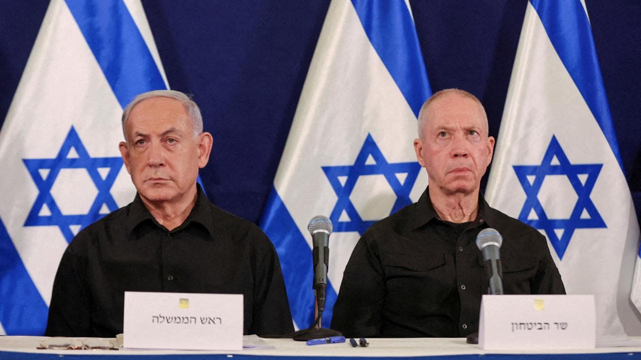 FILE PHOTO: Israeli prime minister Benjamin Netanyahu and defense minister Yoav Gallant during a press conference in the Kirya military base in Tel Aviv , Israel , 28 October  2023.    ABIR SULTAN POOL/Pool via REUTERS/File Photo
