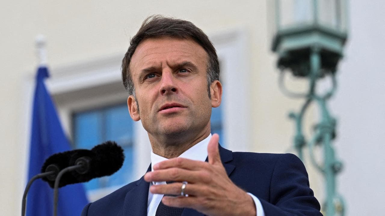 FILE PHOTO: French President Emmanuel Macron speaks to reporters on the day of a joint Franco-German cabinet meeting at the German government's guest house, Schloss Meseberg castle north of Berlin, in Gransee, Germany, May 28, 2024. REUTERS/Annegret Hilse/File Photo