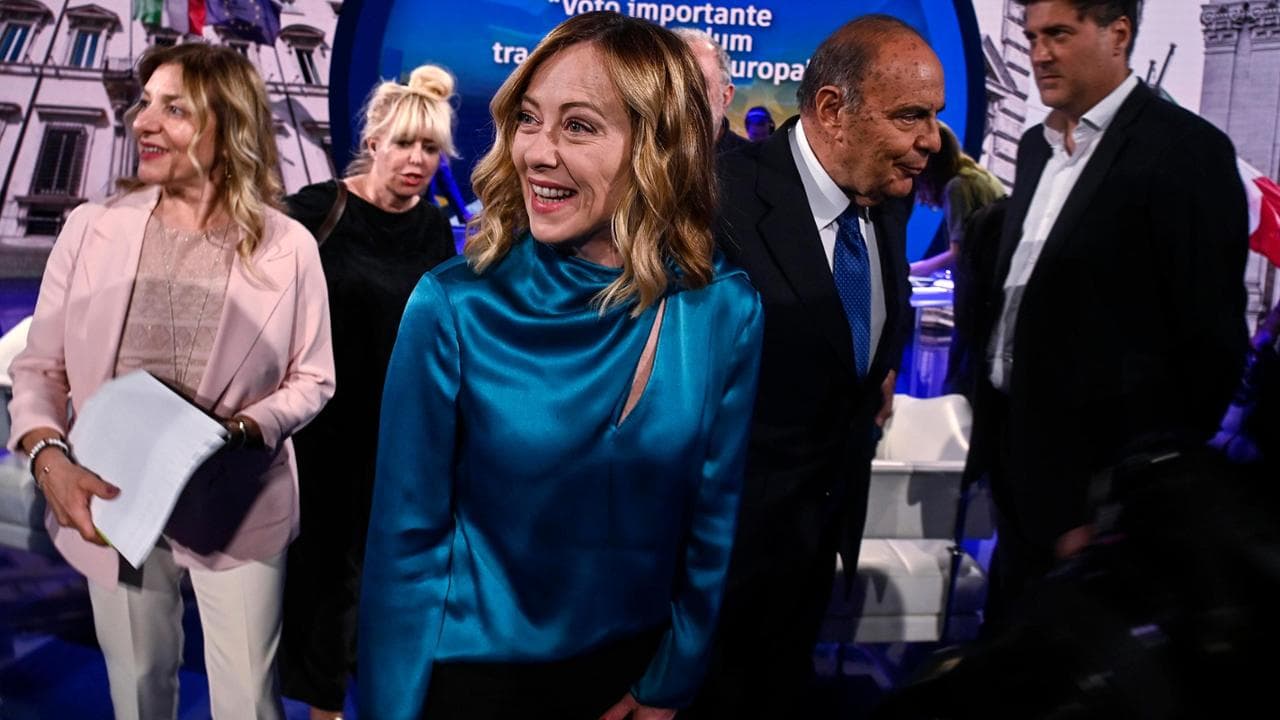 Italian Prime Minister, Giorgia Meloni (L), attends the Raiuno Italian tv program Porta a Porta conducted by Italian journalist Bruno Vespa (R), Rome, Italy, 6 June 2024. ANSA/RICCARDO ANTIMIANI