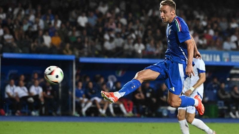 Italy's midfielder #07 Davide Frattesi scores his team first goal during the International friendly football match between Italy and Bosnia-Herzegovina in Empoli on June 09, 2024. (Photo by Isabella BONOTTO / AFP)