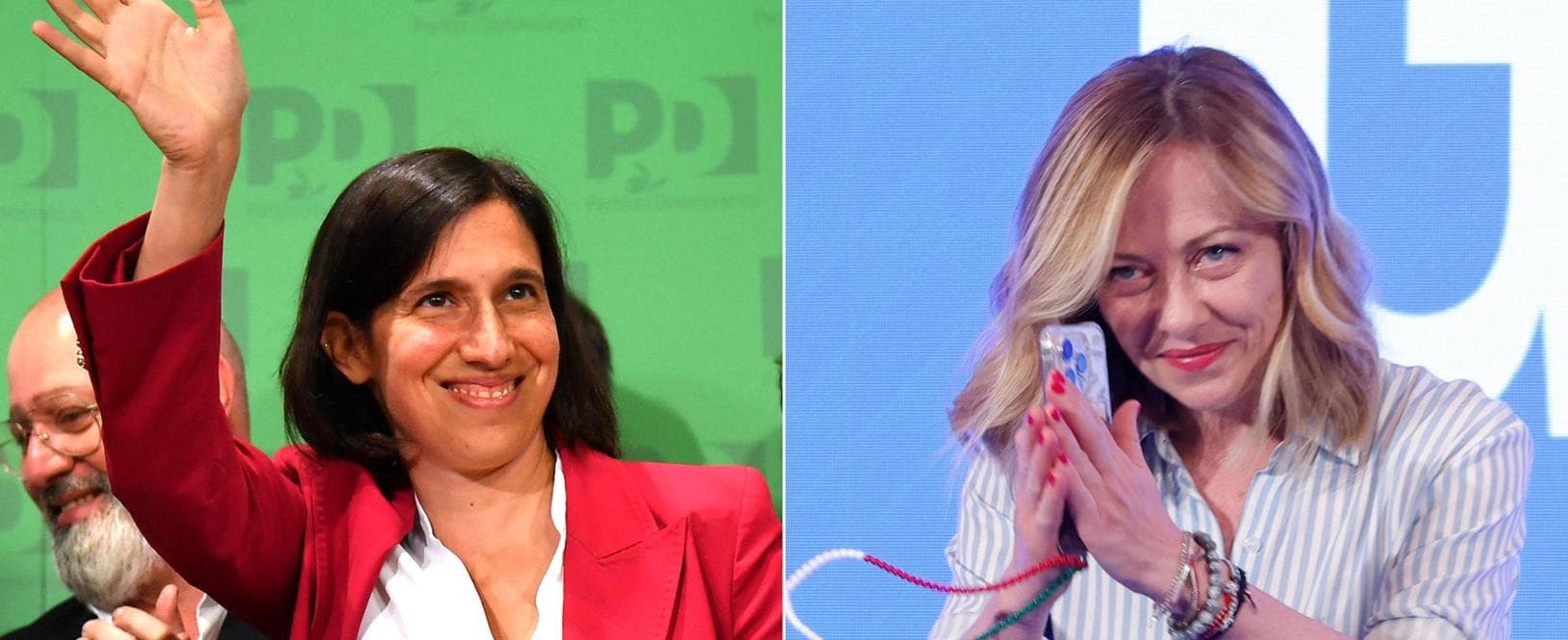 Combo delle leader dei due principali partiti italiani (Fratelli d'Italia e Partito democratico) durante le conferenze stampa notturno nei rispettivi quartier generali subito dopo la diffusione dei primi risultati consolidati: Giorgia Meloni (d) e Elly Schlein (s), Roma, 10 giugno 2024. ANSA/GIUSEPPE LAMI - FABIO CIMAGLIA