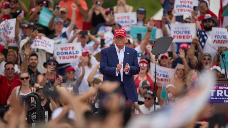 epa11401214 Republican presidential candidate and former President Donald Trump arrives before speaking during an election rally at Sunset Park in Las Vegas, Nevada, USA, 09 June 2024.  EPA/ALLISON DINNER