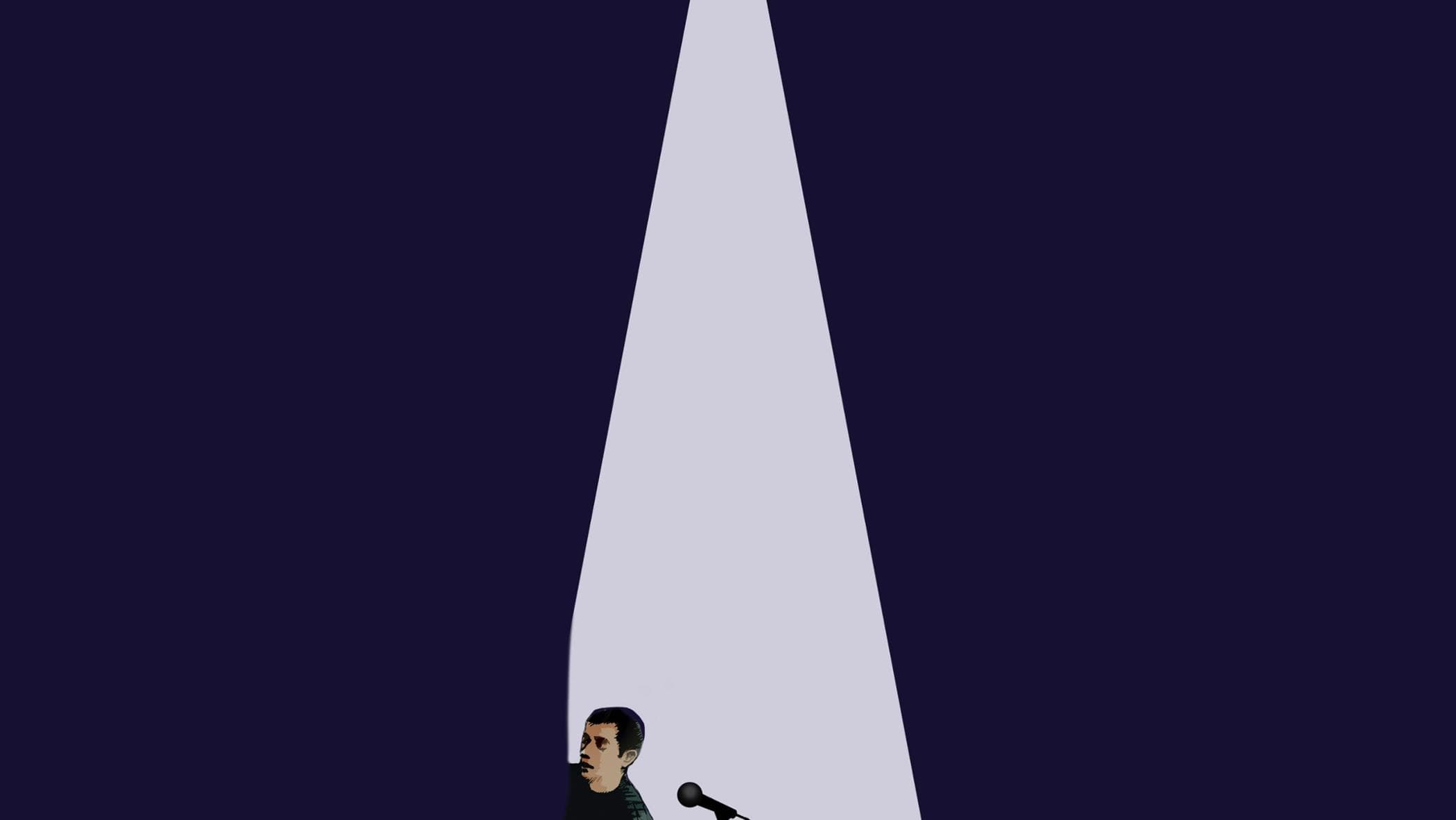 Nervous man peeping round edge of spotlight on microphone