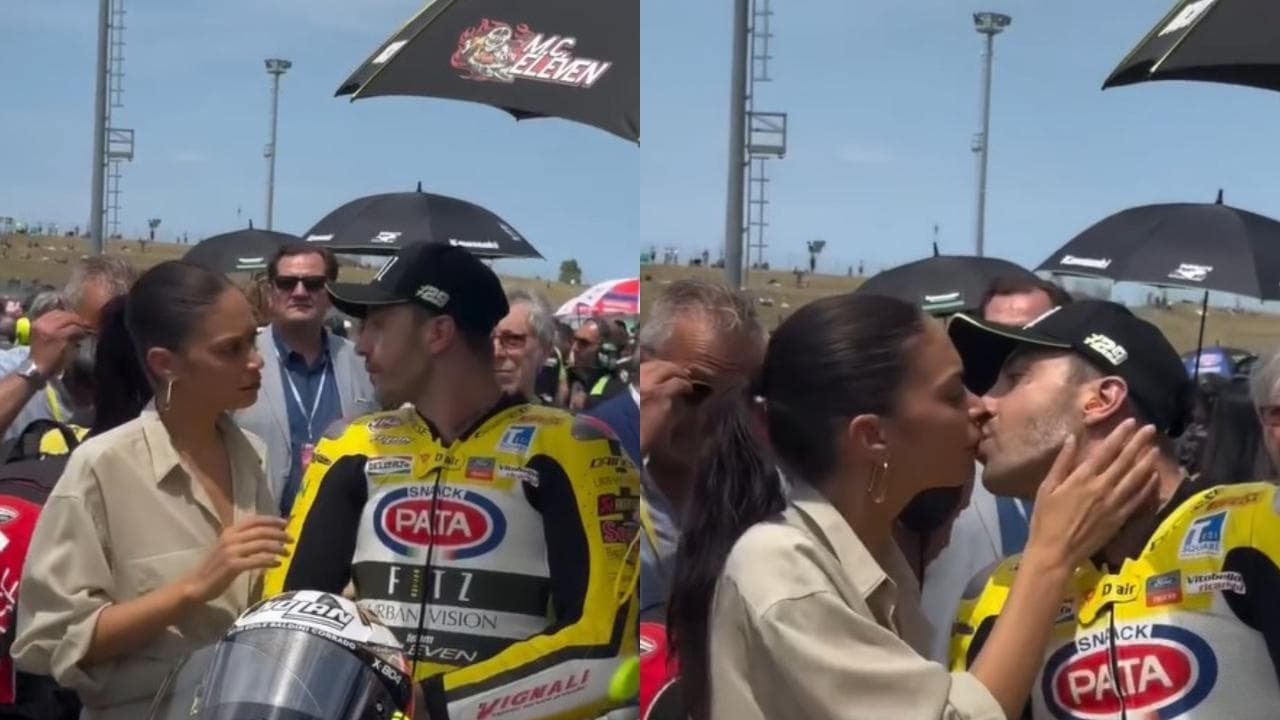 Il bacio tra Elodie e Iannone sulla pista di Misano prima della gara di Superbike