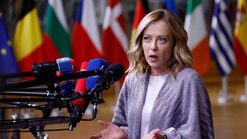 Italy's Prime Minister Giorgia Meloni speaks to the press at the end of the European Council Summit at the EU headquarters in Brussels on June 28, 2024. Macron denounced in Brussels on June 28, 2024, early morning, the “arrogance” of the RN party, which according to him already discusses future shares of government positions. (Photo by Ludovic MARIN / AFP)