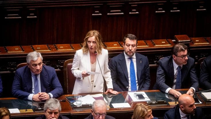 Antonio Tajani, Giorgia Meloni, Matteo Salvini, Giancarlo Giorgetti in Aula alla Camera