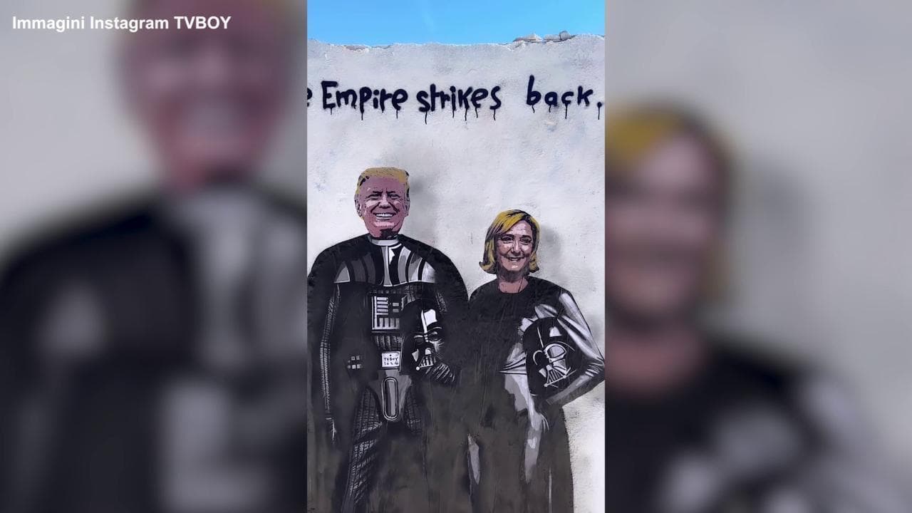 L'ultimo murale di TvBoy sulle elezioni: Trump e Le Pen come Dart Fener