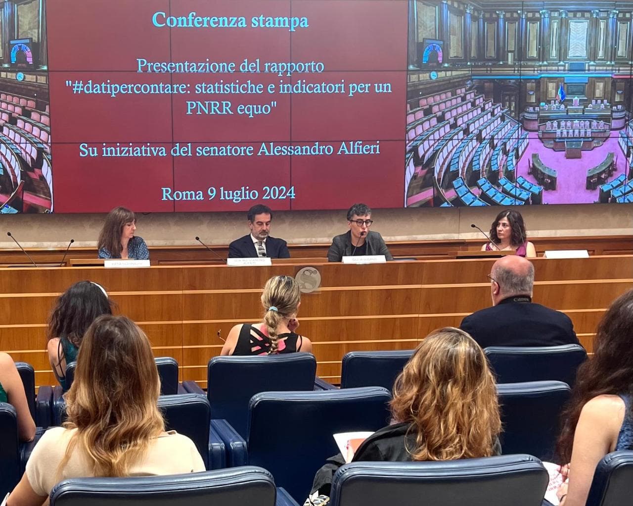 La presentazione del rapporto: da sinistra, Katia Scannavini di Actionaid, Alessandro Alfieri senatore del Pd, Giulia Sudano di Period, Barbara Leda Kenny di Fondazione&nbsp;Brodolini