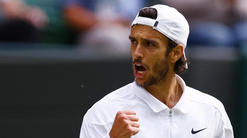 Tennis - Wimbledon - All England Lawn Tennis and Croquet Club, London, Britain - July 10, 2024
Italy's Lorenzo Musetti reacts during his quarter final match against Taylor Fritz of the U.S. REUTERS/Hannah Mckay