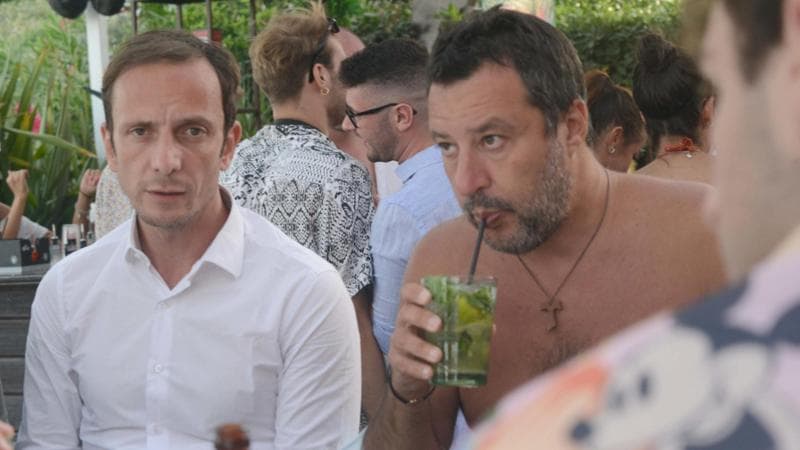 Il segretario federale della Lega, Matteo Salvini,  con il presidente della Regione Friuli Venezia Giulia, Massimiliano Fedriga, al Papeete Beach di Milano Marittima, 01 agosto 2021..ANSA/STEFANO CAVICCHI