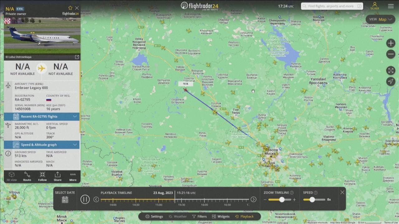 Il momento in cui l’aereo su cui viaggiava Prigozhin scompare da Flightradar