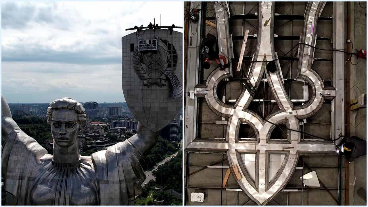 Kiev, il simbolo sovietico della Statua della Madre Patria sostituito con il tridente ucraino
