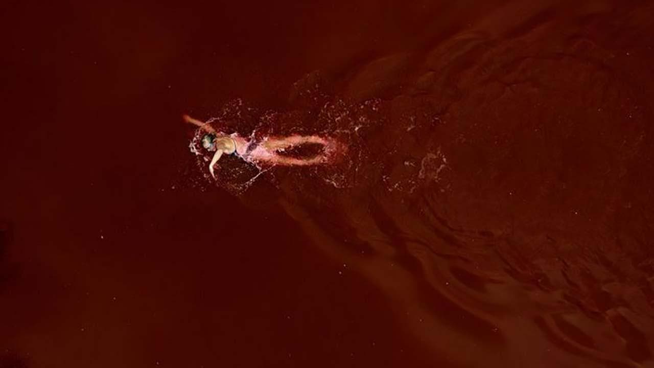 Lituania, nuota nel laghetto rosso sangue davanti all'ambasciata russa: la performance di protesta