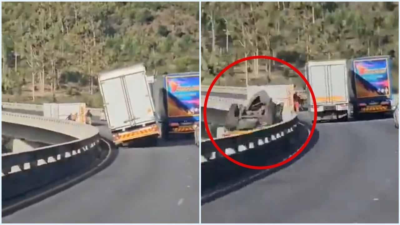 Maltempo in Sudafrica, violente raffiche di vento spingono il rimorchio di un camion giù dal viadotto
