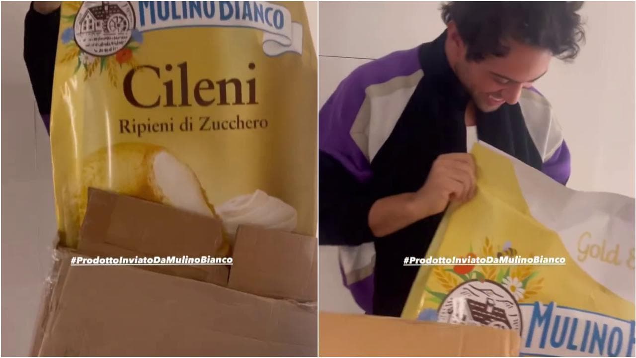 Un pacco gigante di "Cileni ripieni di zucchero", il regalo inaspettato lascia Mahmood di stucco