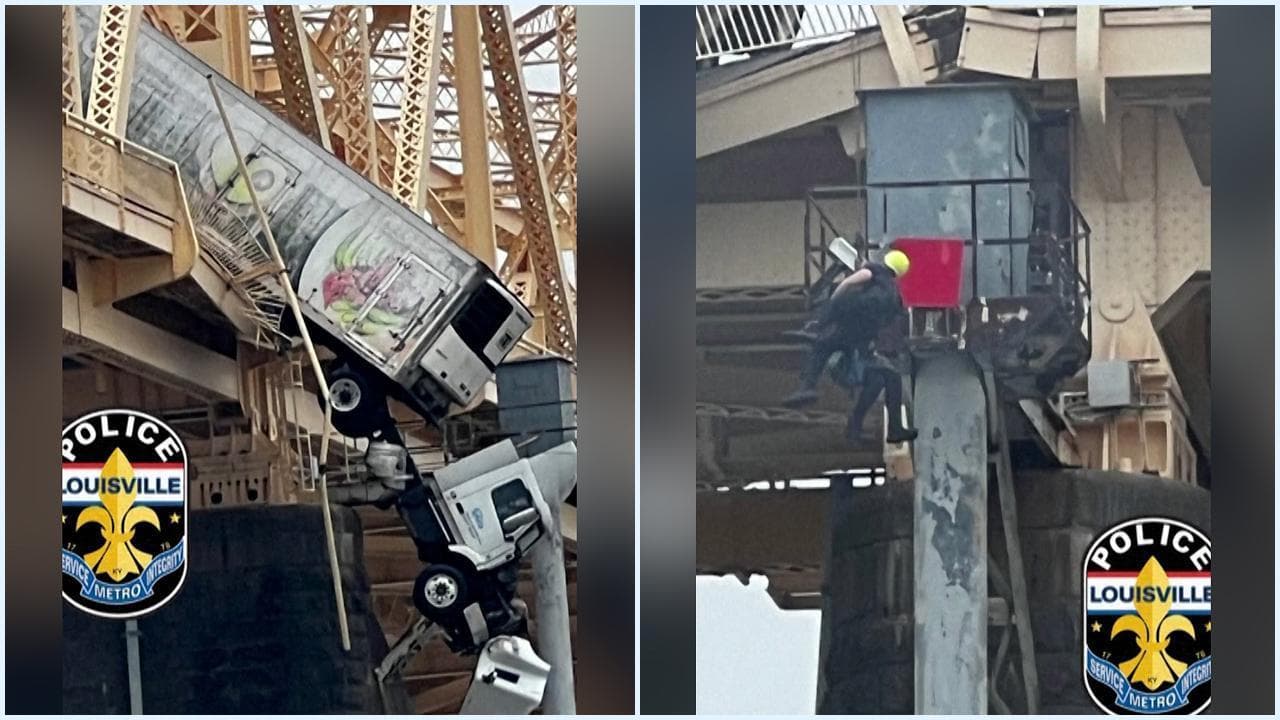 Il camion è sospeso tra il ponte e il fiume Ohio: le immagini del salvataggio lasciano senza fiato