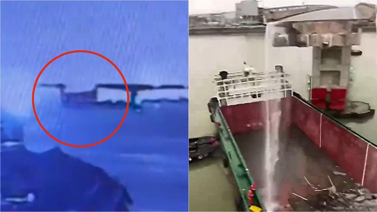 Nave portacontainer abbatte pilastro ponte e le auto cadono in acqua: il momento della collisione