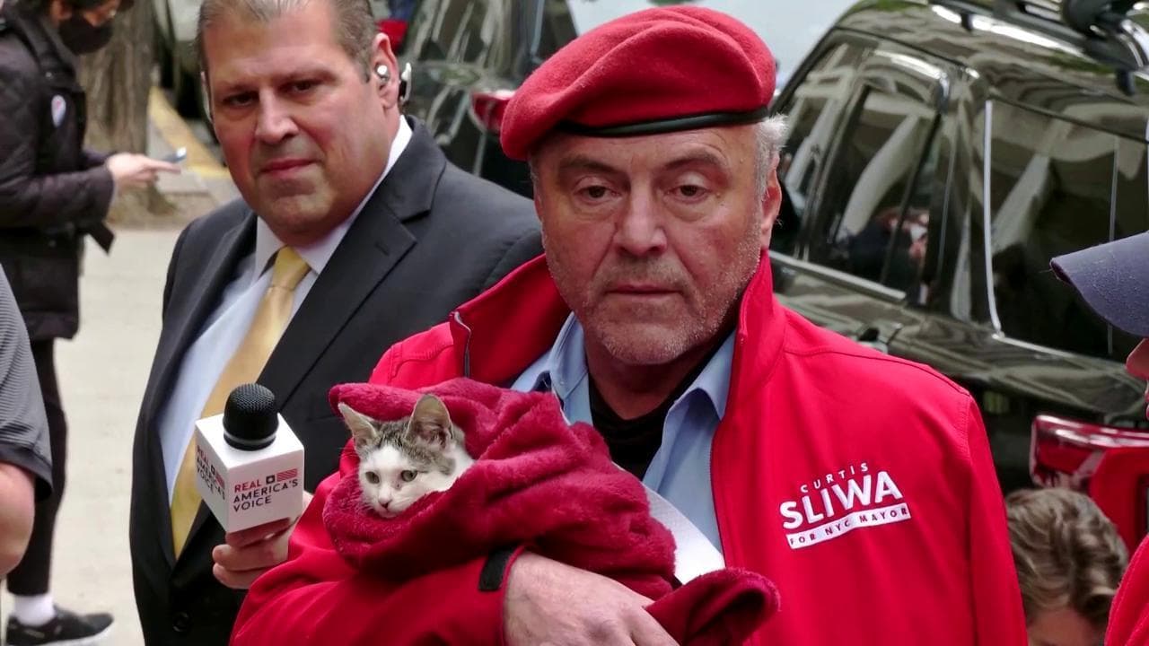 New York, il candidato sindaco sconfitto Curtis Sliwa al voto con il gatto