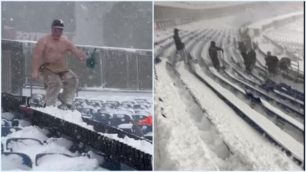 Troppa neve nello stadio: i Buffalo Bills chiedono aiuto ai tifosi e c'è chi lo fa a petto nudo