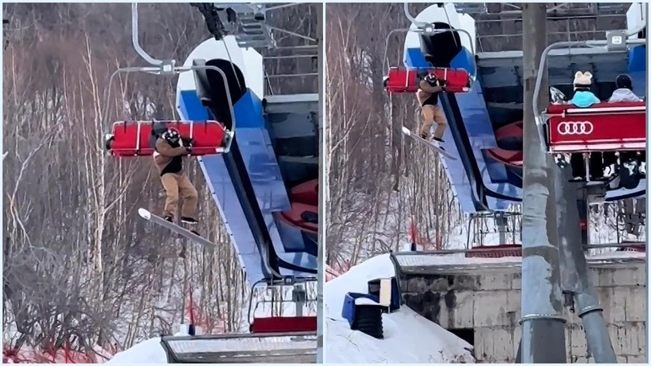 Snowboarder prova a scendere ma rimane impigliato alla seggiovia, il viaggio non previsto: il video