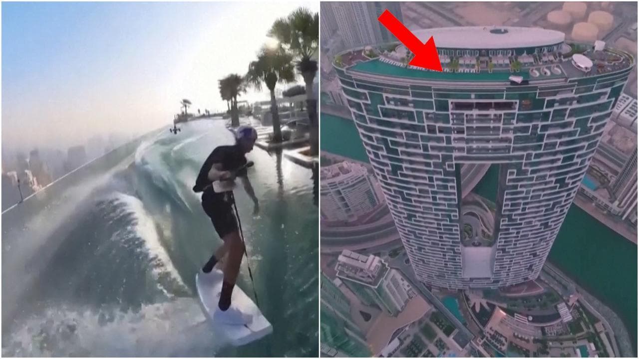 Surfare su una piscina a sfioro a 294 metri e tuffarsi nel vuoto da 77 piani: l'acrobazia fa tremare