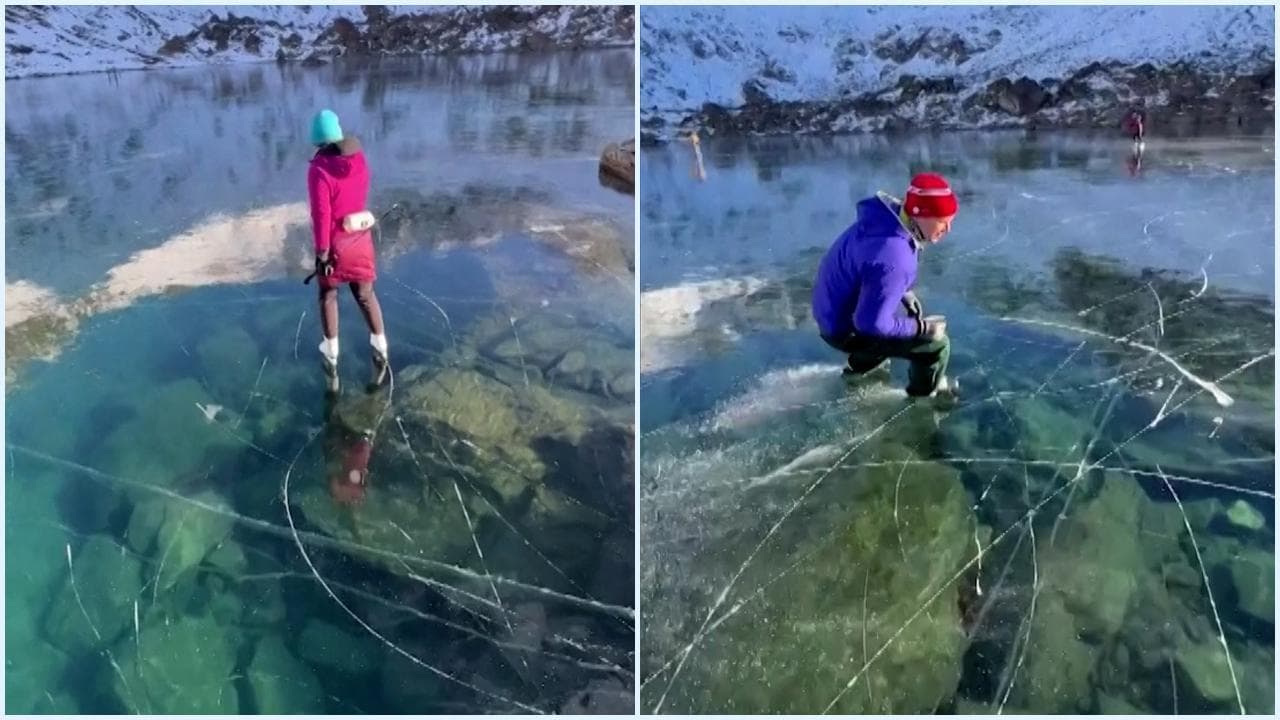 Sembra di pattinare sull'acqua: il rarissimo fenomeno del ghiaccio trasparente in Alaska