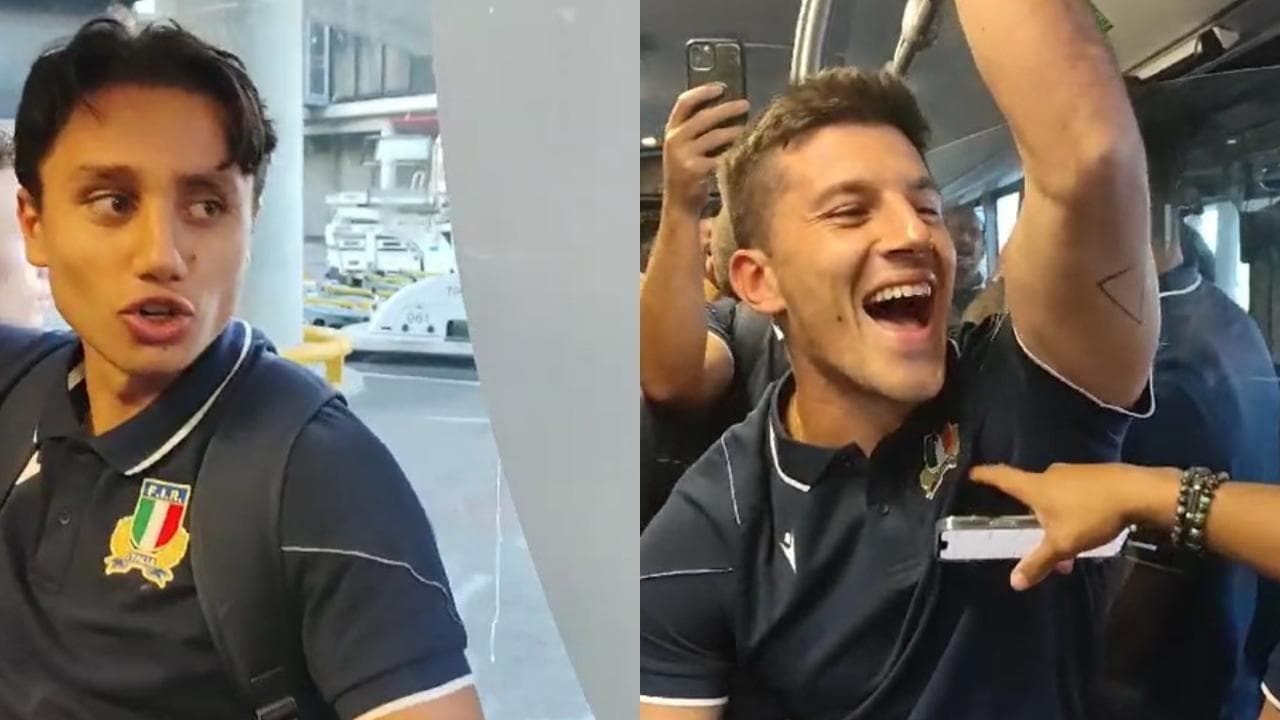 Gli azzurri del rugby arrivano in Francia per i Mondiali e cantano "L'italiano" di Toto Cutugno